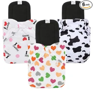 Babymoon | Set of 6 | Cloth Diaper with 5Layers Grey Insert Premium Adjustable Reusable Cloth Diaper | Mummy | Black&White | Love