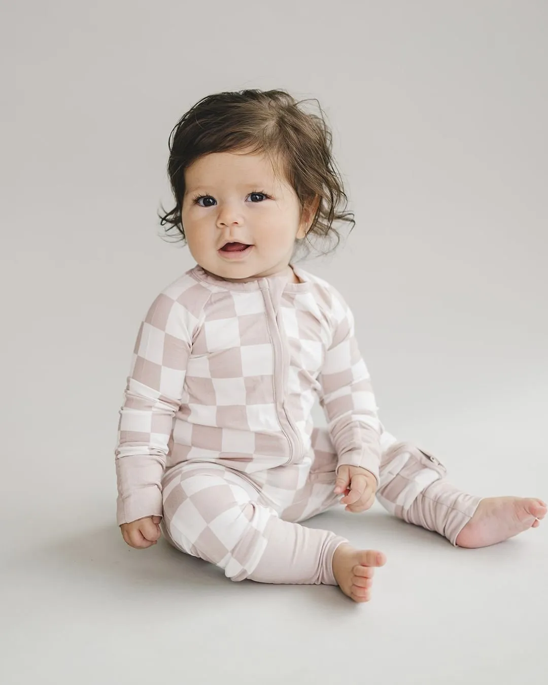 Bamboo Zip Romper | Beige Checkered