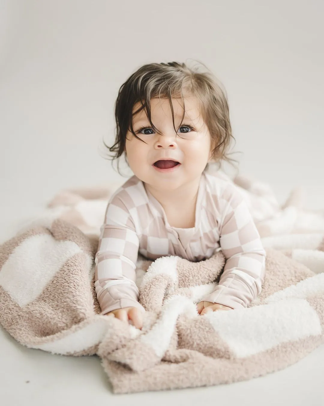 Bamboo Zip Romper | Beige Checkered