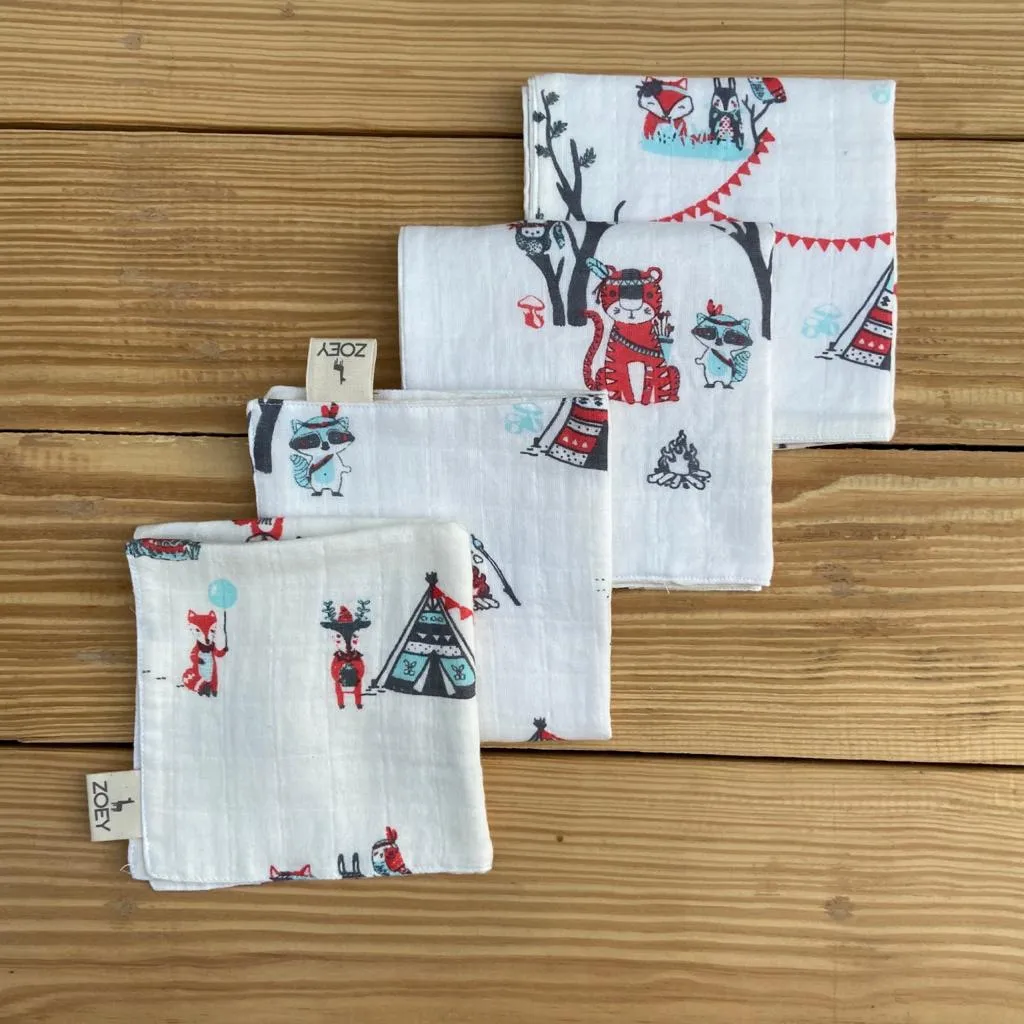 Boho Animal Muslin Napkins/Wash Cloth (Set Of 4)
