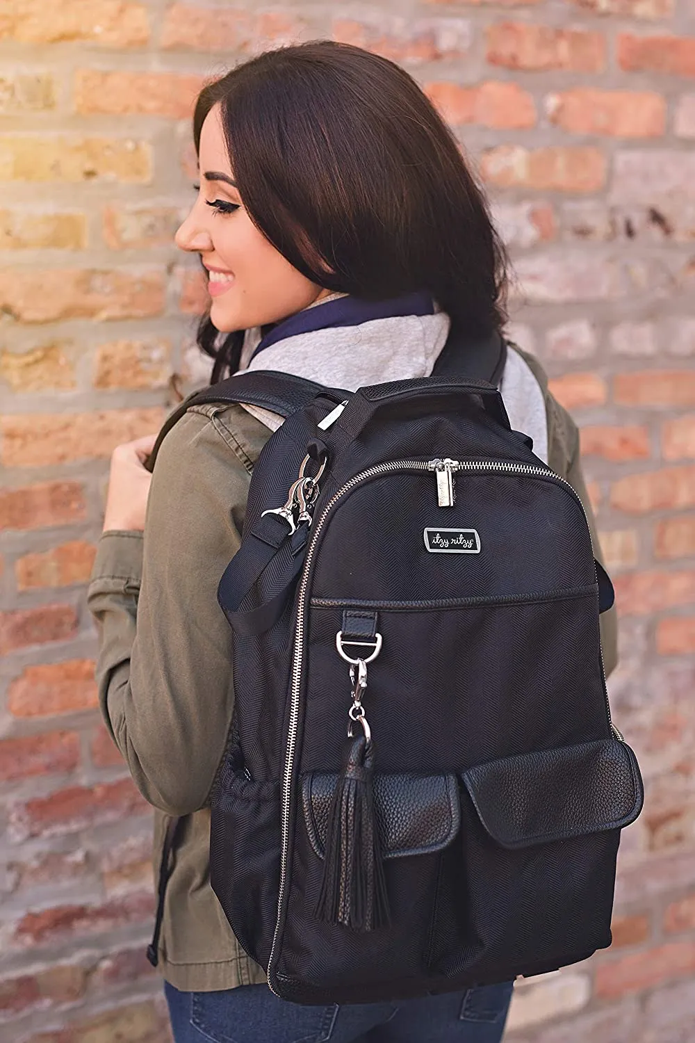 Itzy Ritzy Boss Diaper Bag Backpack Black Herringbone FREE Latte Teether