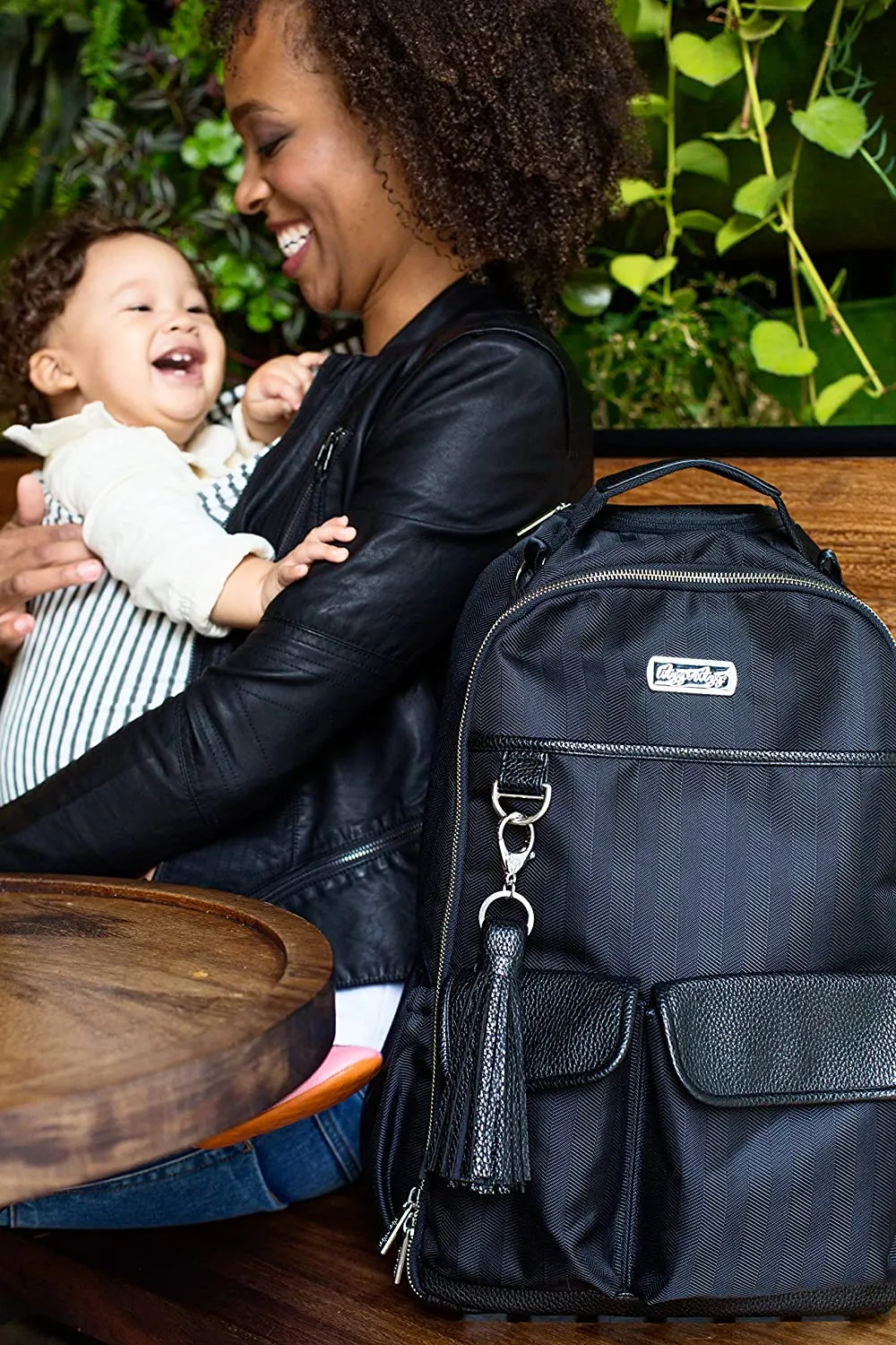 Itzy Ritzy Boss Diaper Bag Backpack Black Herringbone FREE Latte Teether