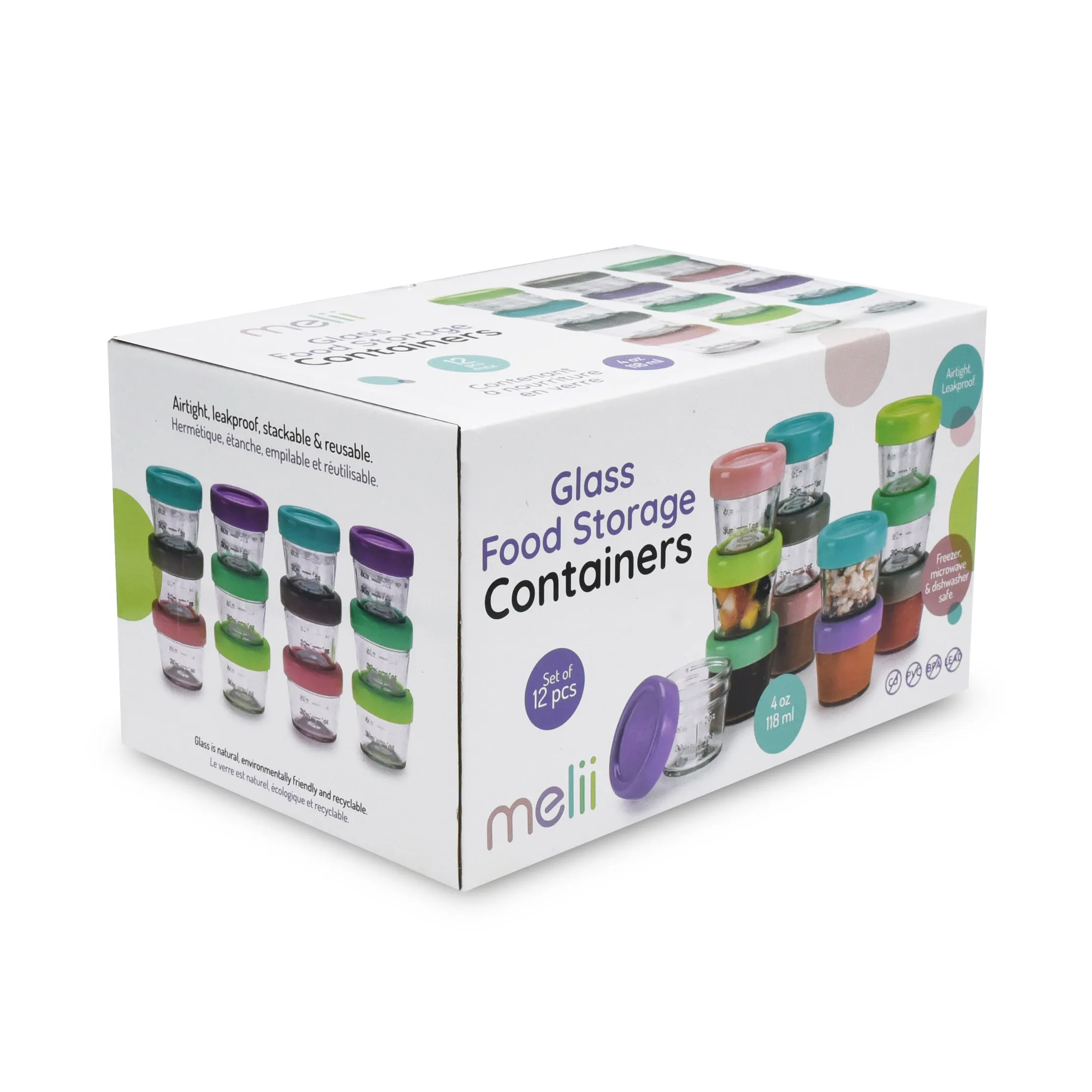 melii Glass Baby Food Containers - Airtight, Leakproof, Storage for Babies, Toddlers, Kids – BPA Free, Microwave & Freezer Safe - Set of 12, 4oz with Easy Open Lids
