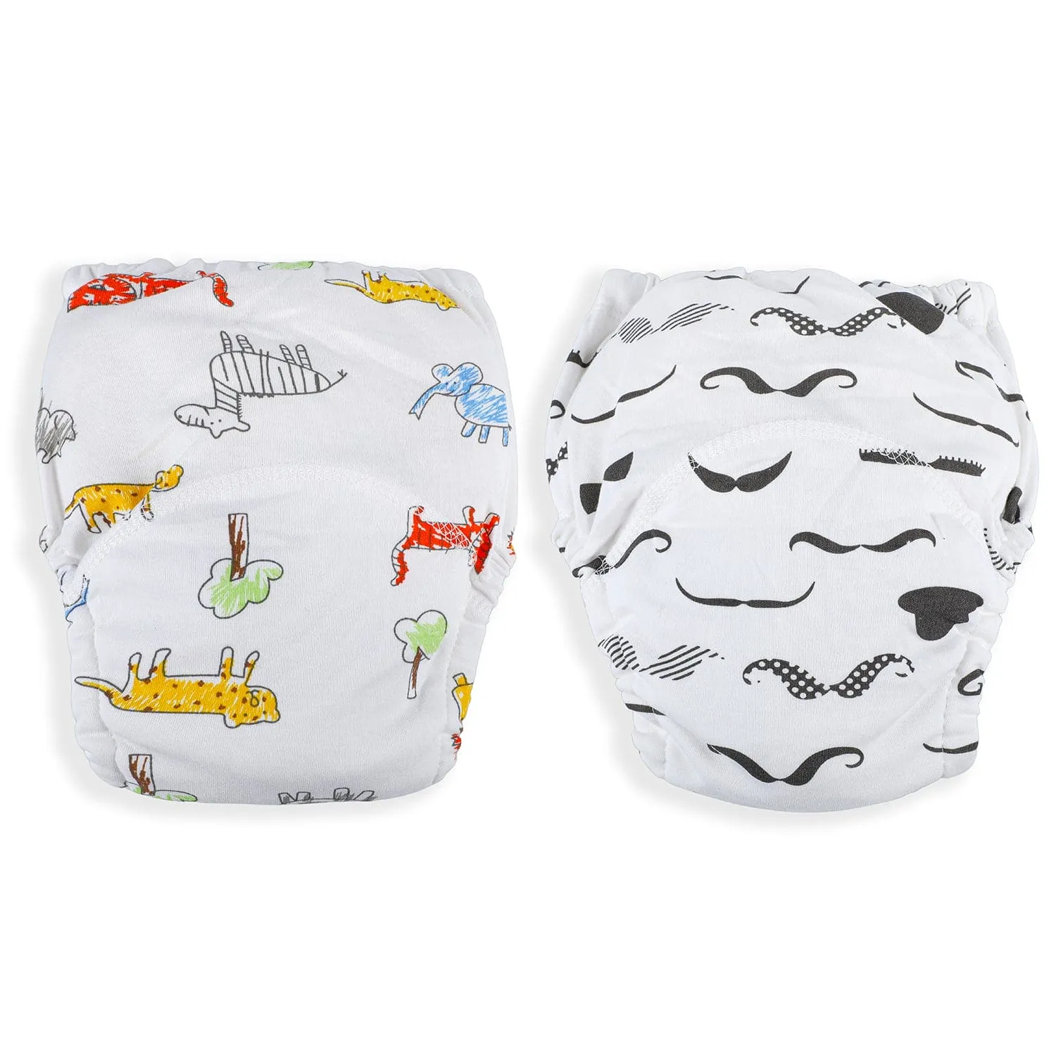 Moustache And Animals Reusable Cloth Training Pants Clothing Accessory Diaper Panty 2 Pcs - Multicolour