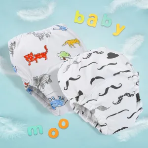 Moustache And Animals Reusable Cloth Training Pants Clothing Accessory Diaper Panty 2 Pcs - Multicolour