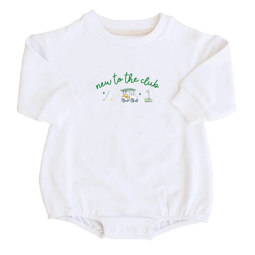 New To The Club Graphic Sweatshirt Bubble Romper | White