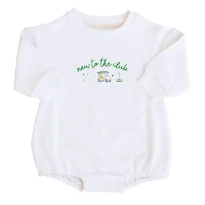 New To The Club Graphic Sweatshirt Bubble Romper | White