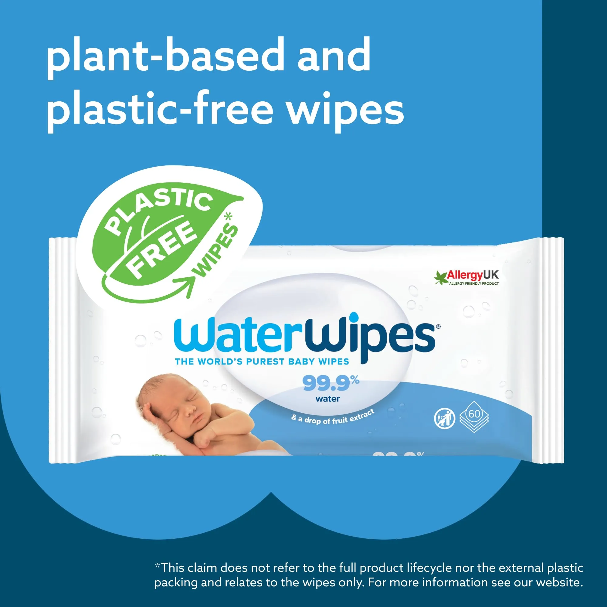 WaterWipes Plastic-Free Original Baby Wipes, 99.9% Water Based Wipes, Unscented & Hypoallergenic for Sensitive Skin, 720 Count (12 packs), Packaging May Vary
