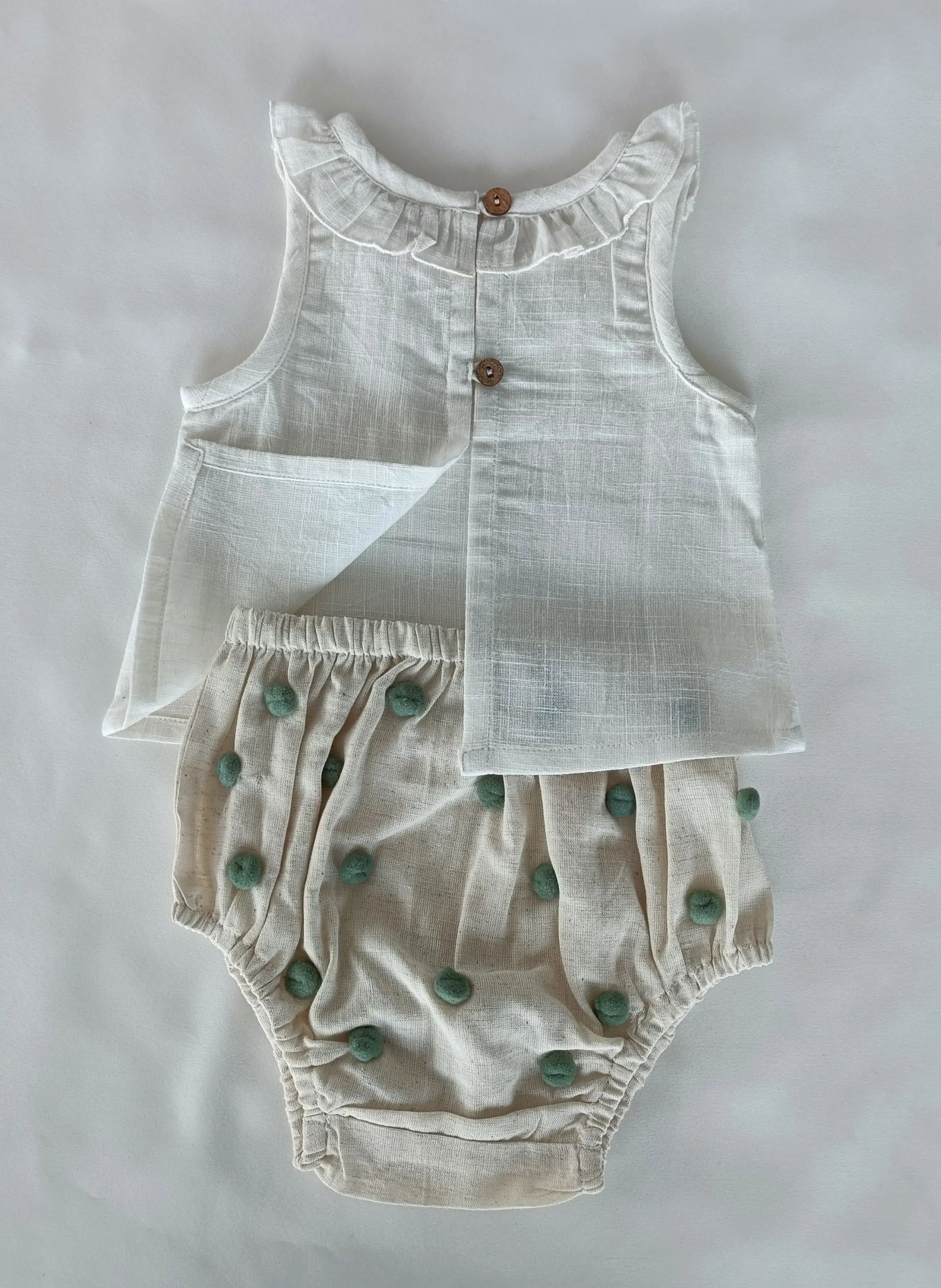 White Ruffle Neck Top & Ivory Diaper Cover With Pom-Poms - 6pcs Set