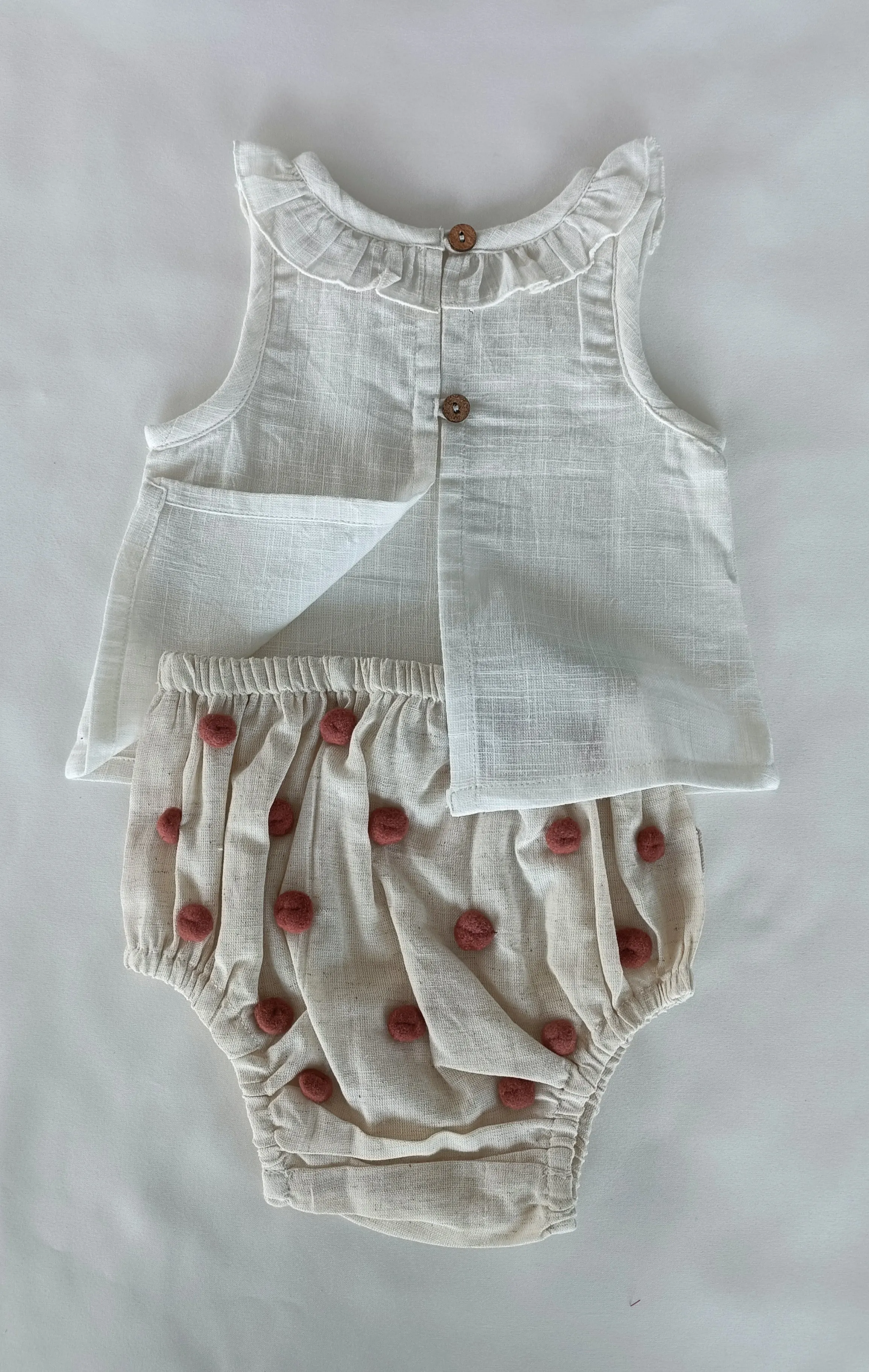White Ruffle Neck Top & Ivory Diaper Cover With Pom-Poms - 6pcs Set