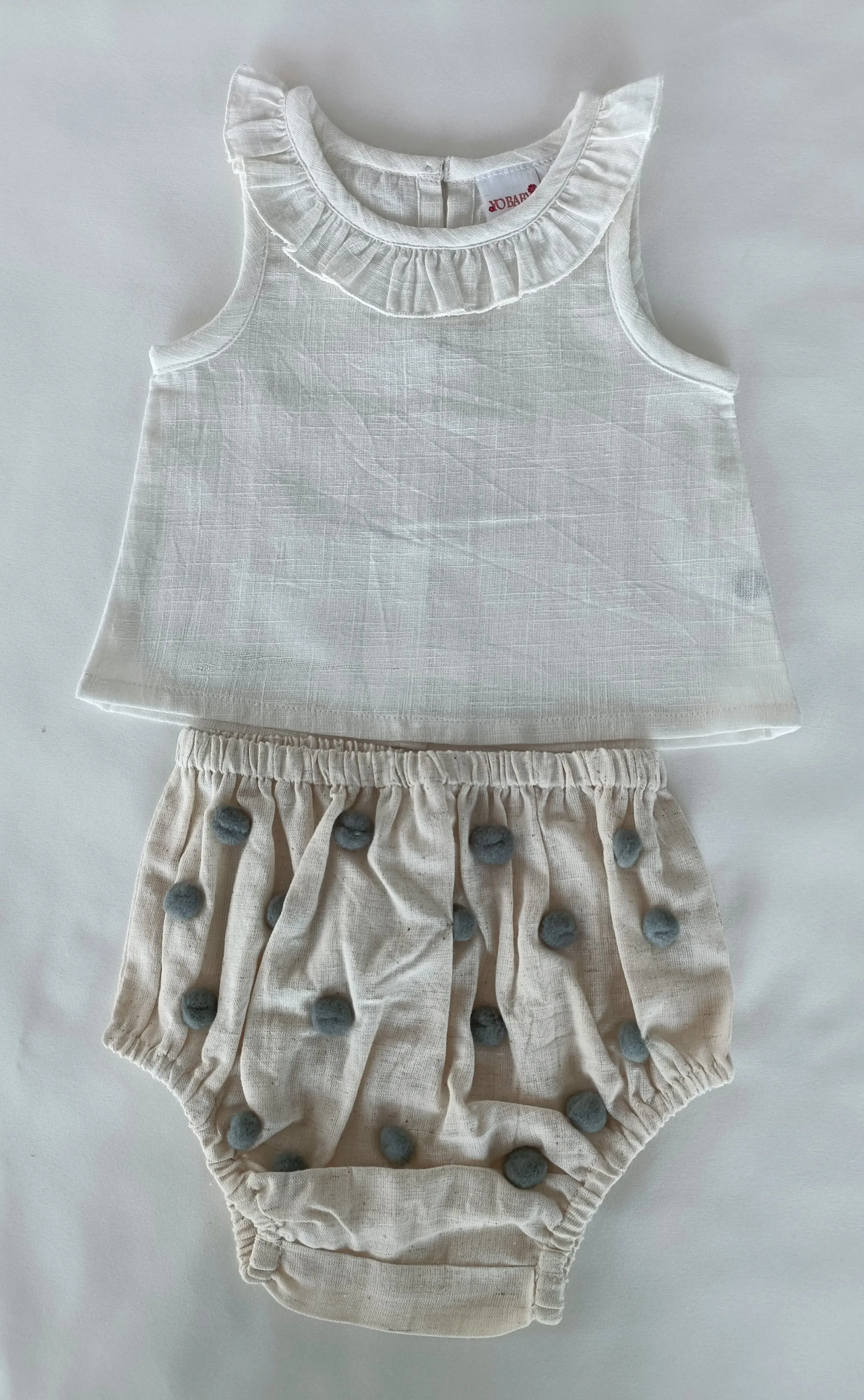White Ruffle Neck Top & Ivory Diaper Cover With Pom-Poms - 6pcs Set