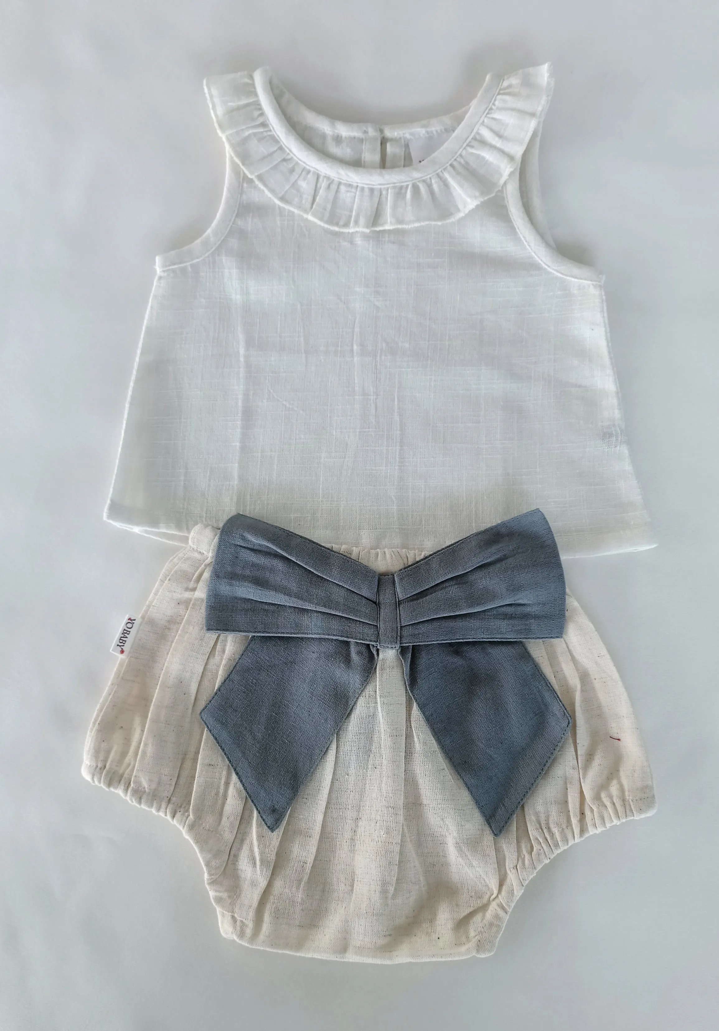White Ruffled Top & Ivory Diaper Cover With Attached Bow - 6pcs Set