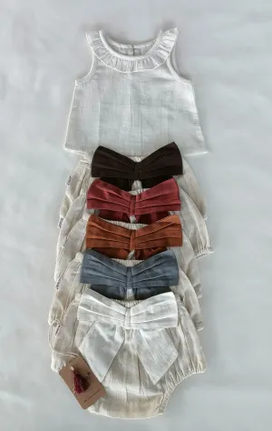 White Ruffled Top & Ivory Diaper Cover With Attached Bow - 6pcs Set