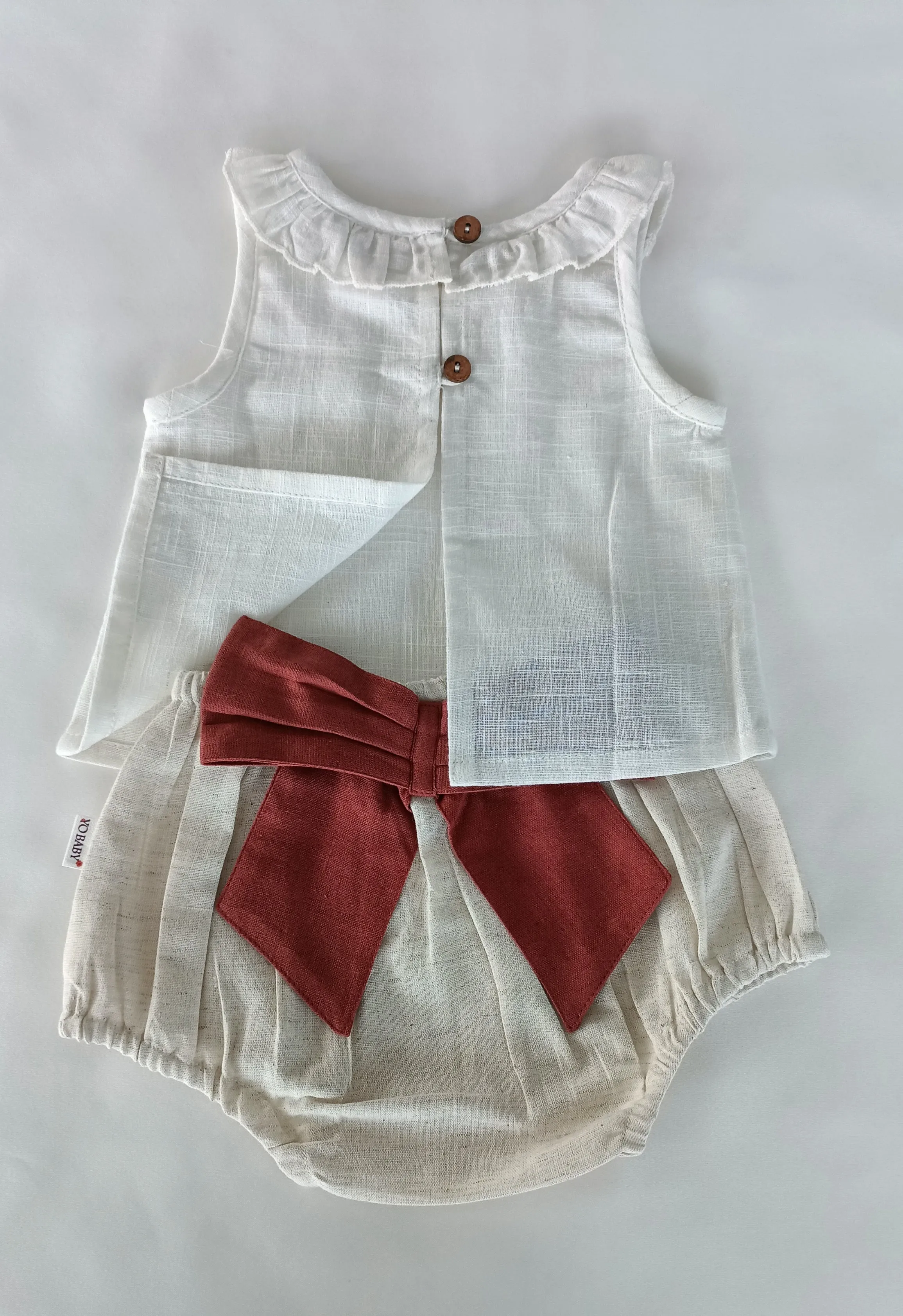 White Ruffled Top & Ivory Diaper Cover With Attached Bow - 6pcs Set