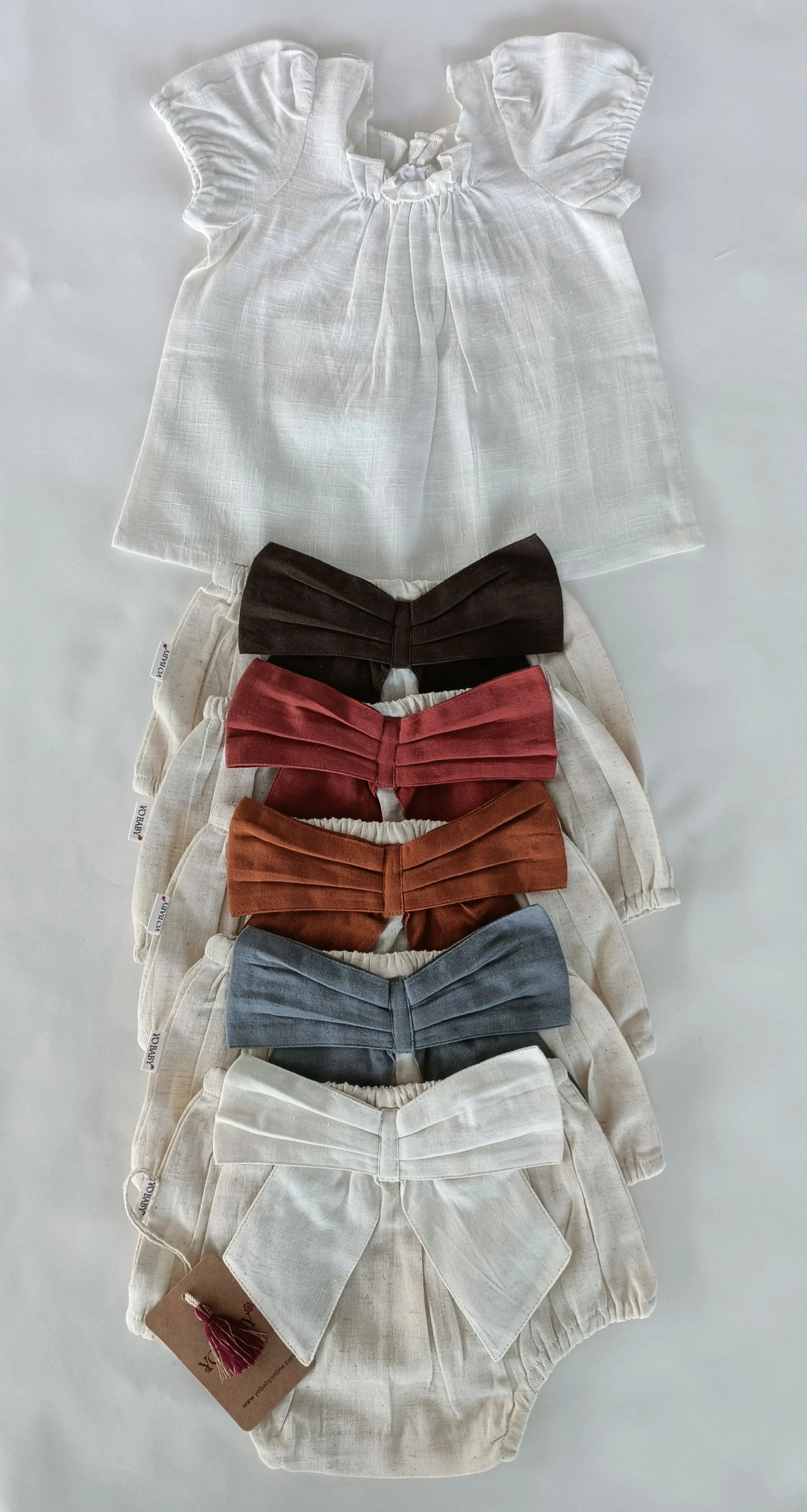 White Top & Ivory Diaper Cover With Attached Bow - 6pcs Set