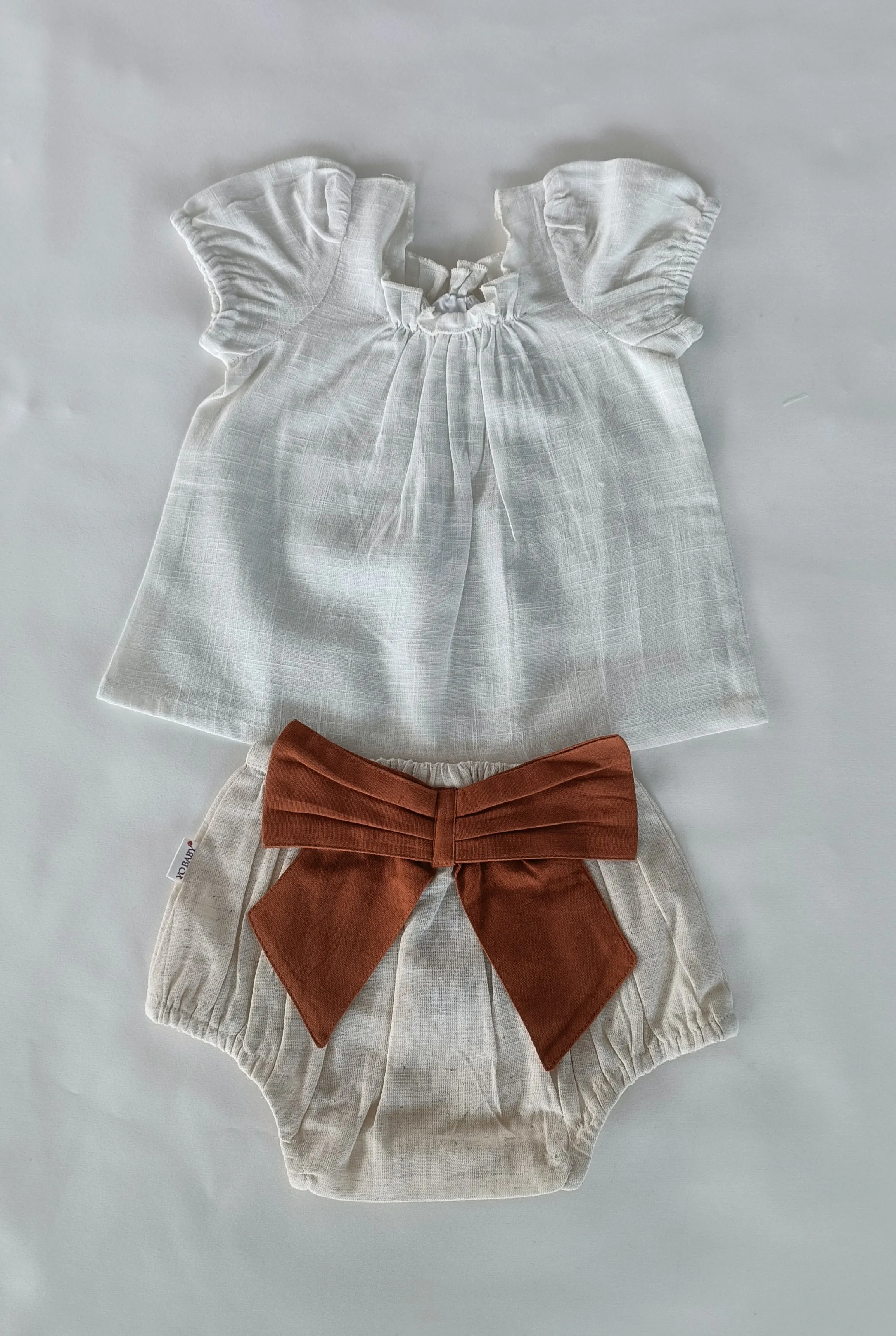 White Top & Ivory Diaper Cover With Attached Bow - 6pcs Set