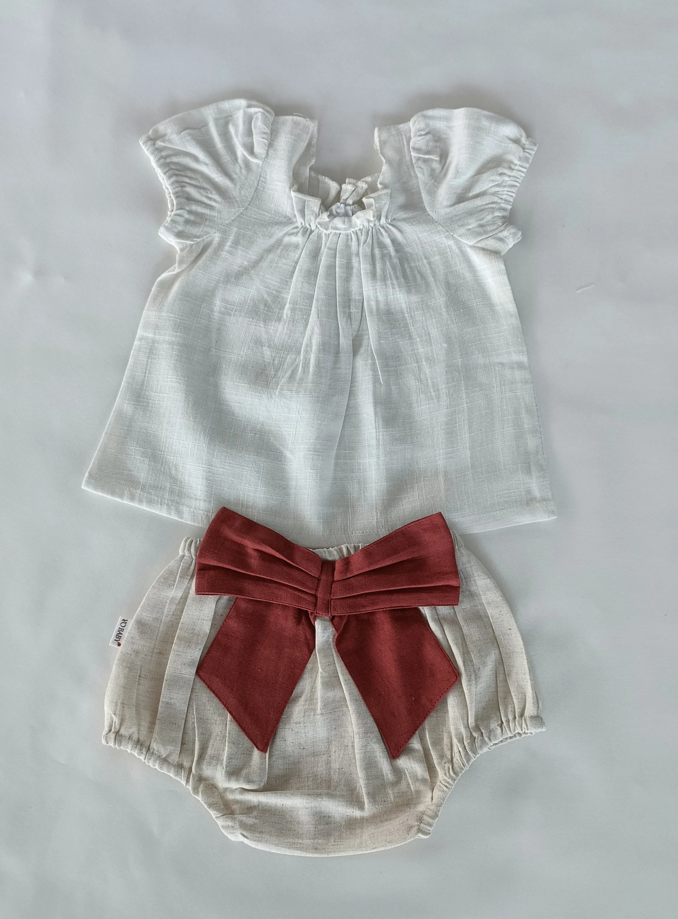 White Top & Ivory Diaper Cover With Attached Bow - 6pcs Set