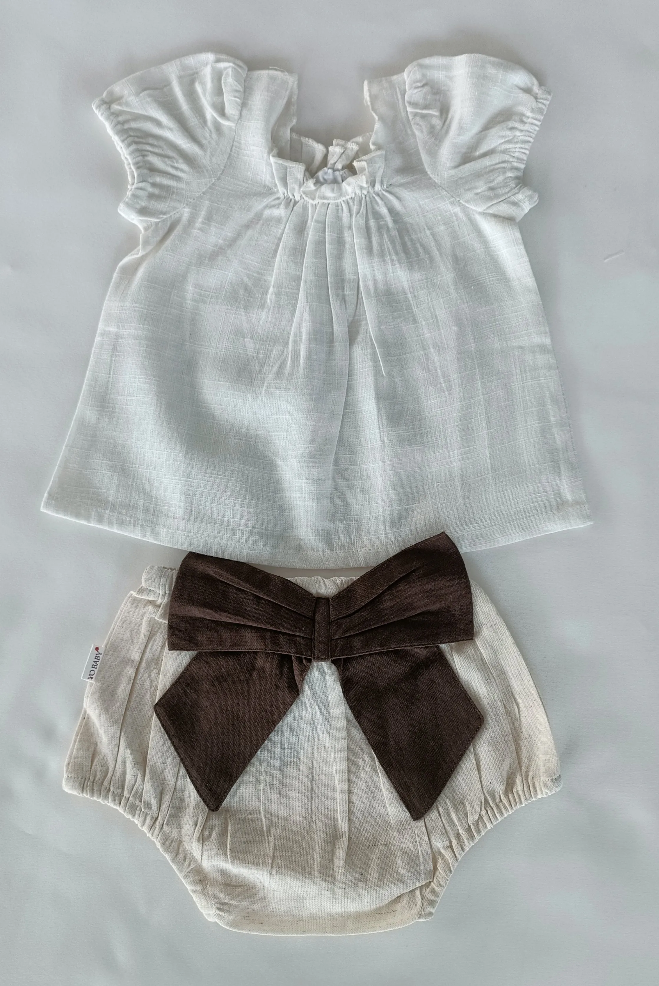 White Top & Ivory Diaper Cover With Attached Bow - 6pcs Set